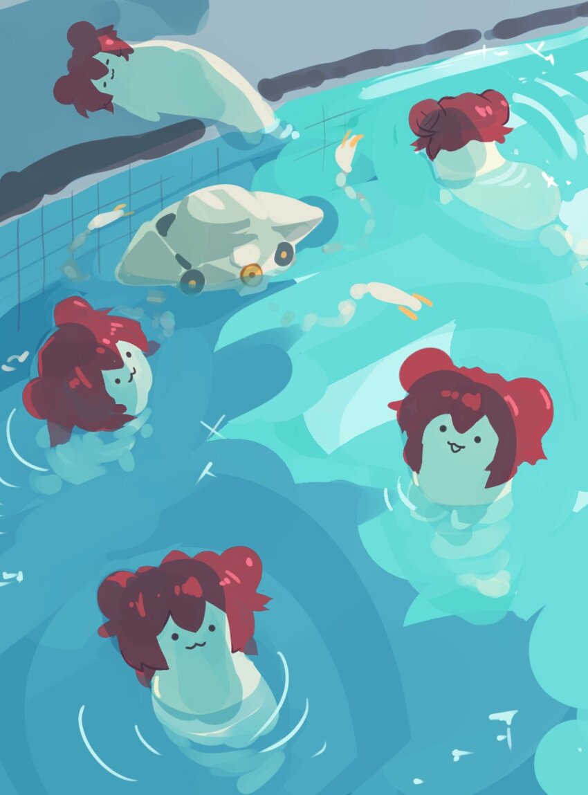 :3 binah_(blue_archive) blue_archive caustics closed_mouth creature damao_(kiwa777) double_bun hair_bun highres nazomaki_(blue_archive) open_mouth pool red_hair robot short_hair solid_oval_eyes water