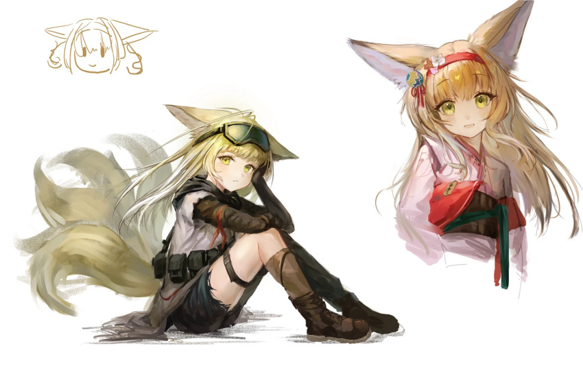 1girl :d animal_ears ankle_boots arknights black_shorts blonde_hair boots brown_boots brown_gloves chinese_commentary commentary_request elbow_gloves gloves goggles goggles_on_head hair_ornament hairband head_rest highres japanese_clothes kimono long_hair looking_at_viewer multiple_tails multiple_views open_mouth parted_lips pink_kimono red_hairband short_shorts shorts simple_background sitting smile suzuran_(arknights) suzuran_(lostlands_flowering)_(arknights) suzuran_(yukibare)_(arknights) tail thigh_strap torn_clothes torn_shorts white_background wo_yao_dang_xiongmao yellow_eyes