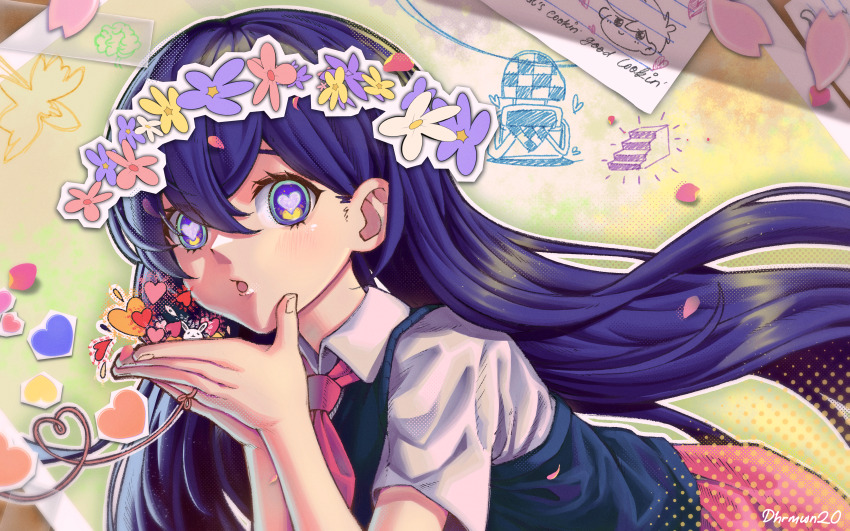 1girl :o absurdres ai_kotoba_iii_(vocaloid) artist_name blue_sweater_vest bright_pupils collared_shirt commentary commentary_request dhrmwn20 double-parted_bangs english_commentary eyes_visible_through_hair finger_to_cheek fingernails flower flower_wreath forest_bunny_(omori) green_eyes hair_behind_ear hair_between_eyes halftone hands_up head_wreath heart heart-shaped_pupils heart_of_string hero_(omori) highres leaning_forward long_hair looking_at_viewer mari_(headspace)_(omori) mari_(omori) mixed-language_commentary multicolored_eyes neckerchief omori open_mouth orange_flower outline paper picnic_basket pink_neckerchief pink_petals pink_skirt purple_eyes purple_flower purple_hair shirt short_sleeves skirt solo something_(omori) stairs sweater_vest symbol-shaped_pupils tape upper_body very_long_hair white_flower white_outline white_shirt wind yellow_eyes yellow_flower