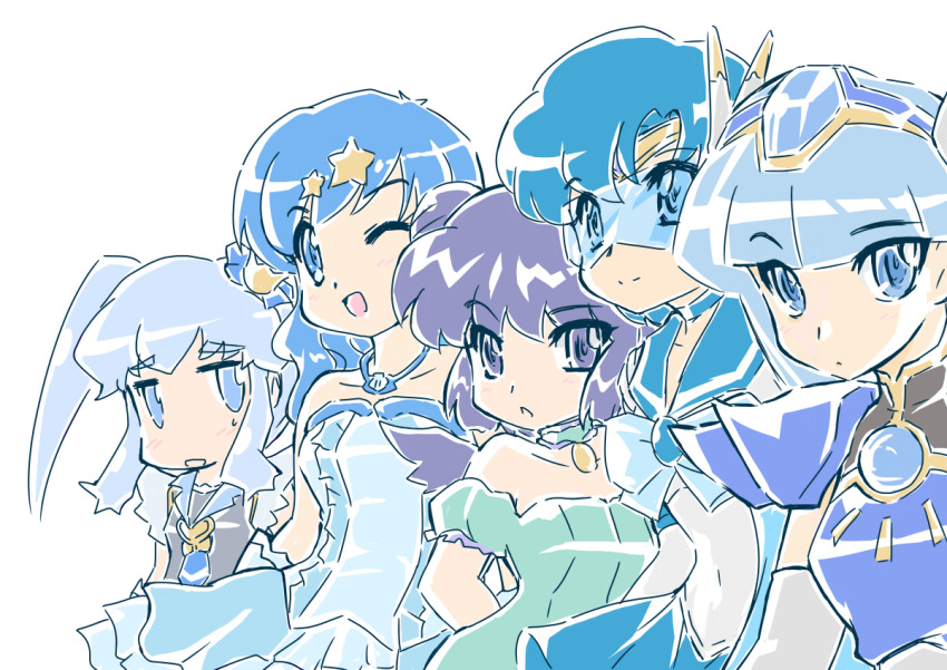 5girls aizawa_mint armor bishoujo_senshi_sailor_moon blue_bow blue_bowtie blue_dress blue_eyes blue_hair blue_skirt blue_theme bow bowtie brooch choker closed_mouth commentary_request crossover crown cure_princess double_bun dress earrings frilled_dress frills gloves hair_bow hair_bun hair_ornament hairband happinesscharge_precure! heart heart_brooch houshou_hanon houshou_hanon_(idol) jewelry long_hair magic_knight_rayearth magical_girl mermaid_melody_pichi_pichi_pitch mew_mint mini_crown mizuno_ami multiple_girls necklace okuri_ookami pauldrons precure ryuuzaki_umi sailor_mercury sailor_senshi_uniform shell shell_necklace shirayuki_hime short_dress short_hair short_sleeves shoulder_armor sidelocks single_pauldron skirt solo star_(symbol) star_earrings star_hair_ornament strapless strapless_dress tokyo_mew_mew twintails wavy_hair white_background white_gloves