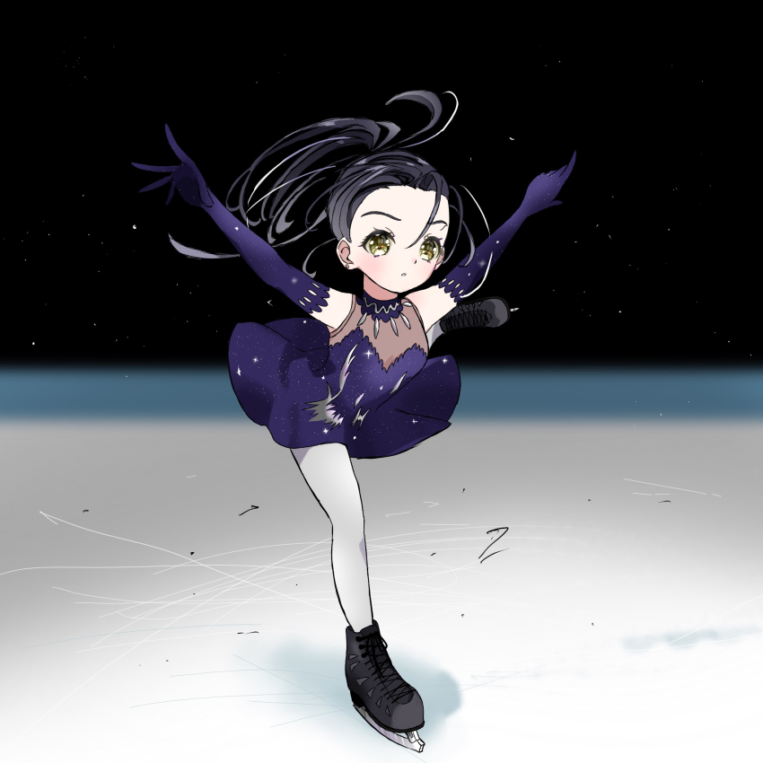 1girl black_hair dark_background figure_skating figure_skating_dress highres ice ice_skates kamisaki_hikaru leg_up light_blush long_hair medalist_(manga) outstretched_arms skates skating_rink solo spread_arms tokinir1532 yellow_eyes