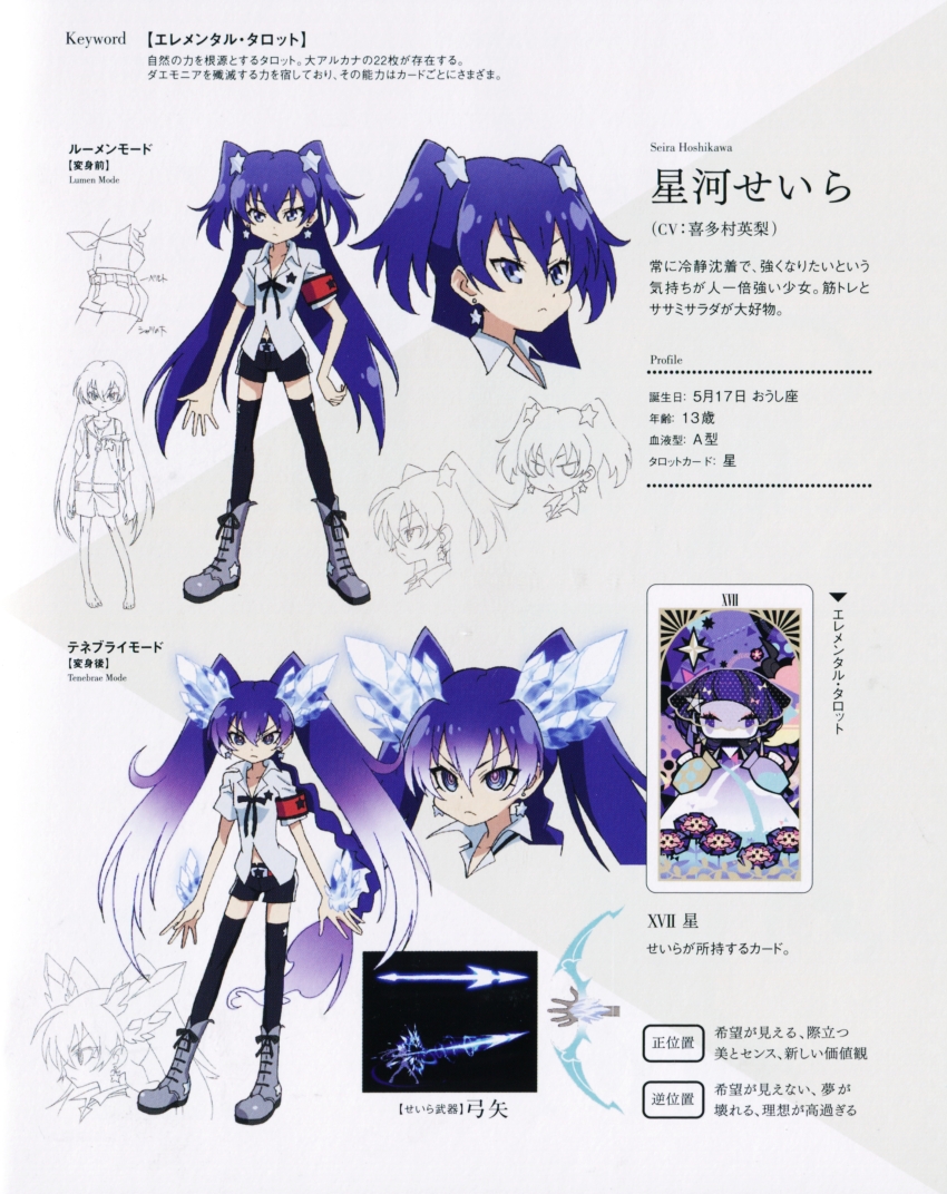 2girls absurdres armband bow_(weapon) braid card reference_sheet crystal dual_persona gen&#039;ei_wo_kakeru_taiyou glowing glowing_hair hair_ornament highres hoshikawa_seira hoshikawa_seira_(lumen_mode) hoshikawa_seira_(tenebrae_mode) ice long_hair magical_girl multiple_girls official_art purple_hair red_armband ringed_eyes scan simple_background single_braid star_(symbol) star_hair_ornament tarot tarot_card the_star_(tarot) third-party_source tomooka_shinpei translation_request twintails very_long_hair weapon white_background