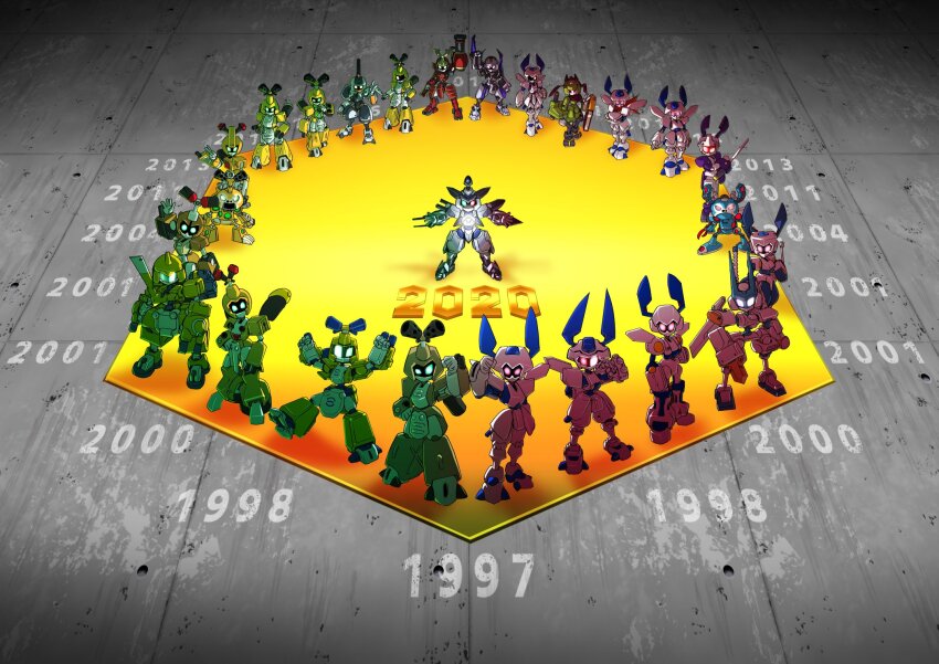 6+boys akeikou anniversary arm_blade arm_cannon arm_up cross_messiah glowing glowing_eyes green_eyes highres horns humanoid_robot looking_at_viewer medarot metabee multiple_boys red_eyes robot rokusho_(medarot) single_horn weapon