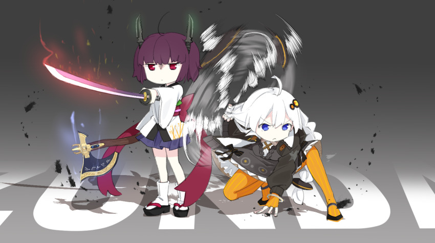 2girls afterimage ahoge arm_support aura axe black_dress black_jacket blue_eyes blue_skirt bracelet braid closed_mouth collared_shirt combat_knife cross_tie dress fingerless_gloves frown fur-trimmed_jacket fur_trim glaring gloves glowing glowing_weapon gradient_background grey_background hair_ornament hair_weapon holding holding_axe holding_own_hair holding_sword holding_weapon jacket japanese_clothes jewelry jitome katana kimono kizuna_akari knife knife_hair_ornament konori_(ahurerukuiizi) looking_ahead low_twin_braids motion_blur multiple_girls okobo open_clothes open_jacket orange_gloves orange_pantyhose outstretched_arm pantyhose platform_sandals pleated_skirt purple_hair red_eyes sandals shirt short_twintails skirt socks spinning squatting standing sword tabi touhoku_kiritan twin_braids twintails v-shaped_eyebrows vocaloid voiceroid weapon white_hair white_kimono white_socks wide_sleeves