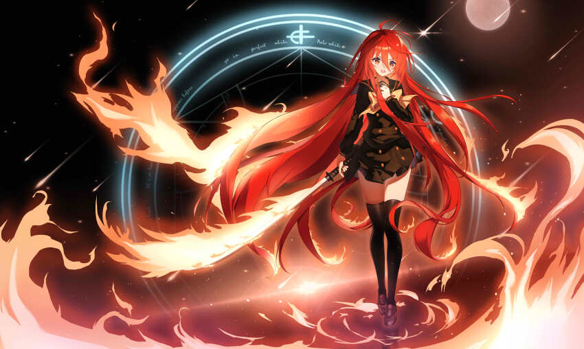 15144666223 1girl absurdly_long_hair absurdres alastor_(shakugan_no_shana) black_background black_thighhighs bow bowtie collarbone fire floating_hair full_body full_moon green_sailor_collar green_serafuku green_shirt green_skirt hair_between_eyes highres holding holding_sword holding_weapon long_hair long_sleeves magic_circle miniskirt misaki_high_school_uniform moon open_mouth red_eyes red_hair sailor_collar school_uniform serafuku shakugan_no_shana shana shirt skirt solo standing sword thighhighs very_long_hair weapon yellow_bow yellow_bowtie zettai_ryouiki