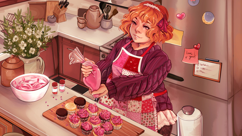 1girl aegyo_sal apron bow crescent cupcake flower food from_above grin hair_bow headband heart highres holding holding_pastry_bag kitchen kitchen_knife magnet mixing_bowl orange_eyes orange_hair orirising our_life:_now_and_forever oven pastry_bag plant potted_plant refrigerator second-party_source short_hair sink smile solo spatula spoon sprinkles sticky_note sweater tamarack_baumann tile_floor tiles upper_body vase white_flower