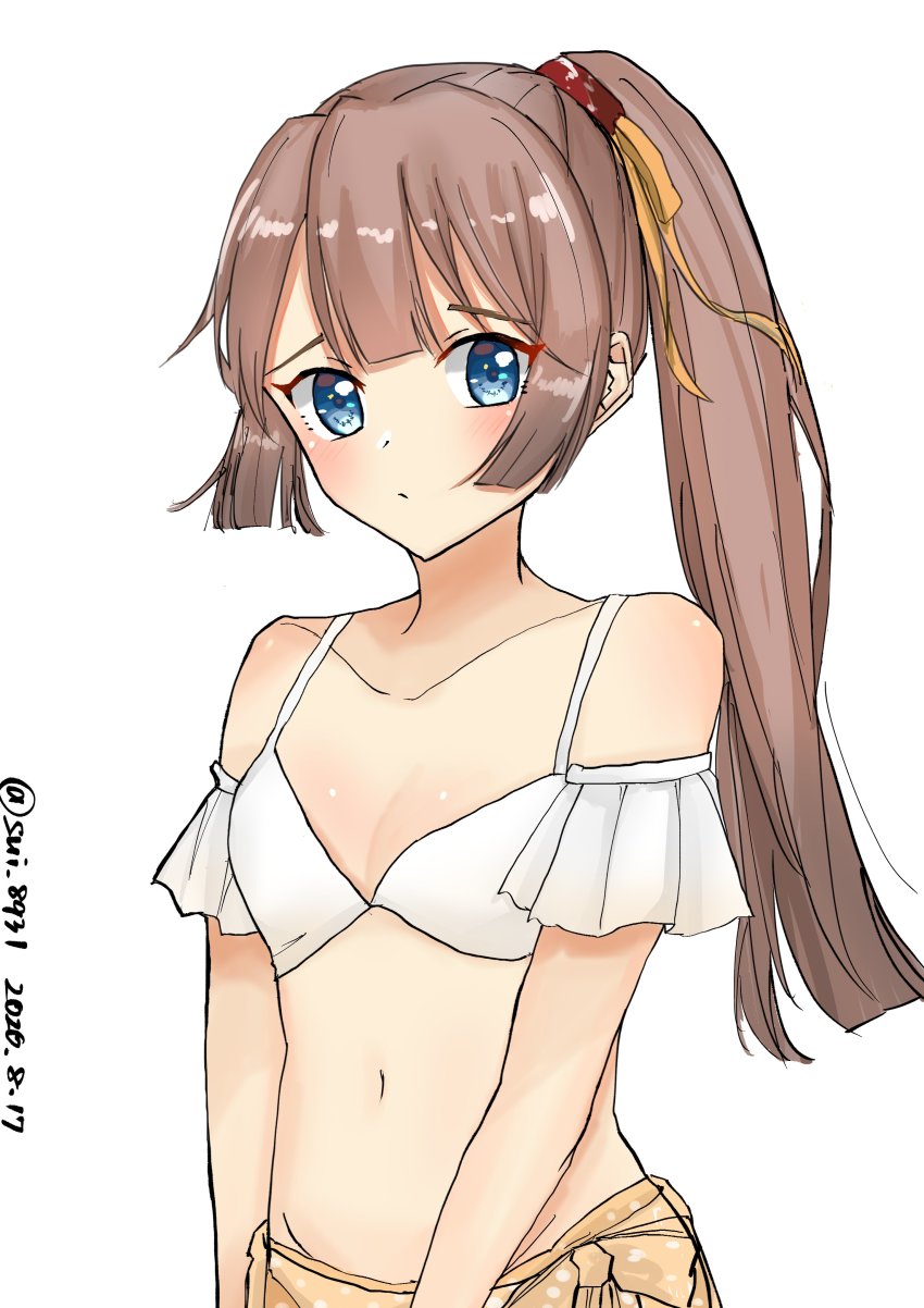 1girl absurdres bikini brown_hair collarbone commentary_request dated flat_chest grey_eyes hair_ribbon highres kantai_collection kazagumo_(kancolle) kazagumo_kai_ni_(kancolle) kazagumo_kai_ni_(swimsuit)_(kancolle) long_hair looking_at_viewer one-hour_drawing_challenge ponytail ribbon sarong side-tie_bikini_bottom simple_background solo swimsuit tamako_(sui_8931) twitter_username white_background white_bikini