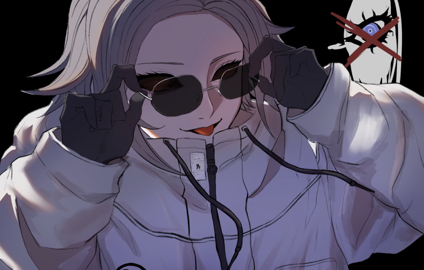 1boy abing926 adjusting_eyewear aotsuki_eito arms_up black_background black_gloves drawstring glasses gloves grey_hair highres hollow_eyes jacket looking_at_viewer male_focus portrait red_x short_hair smile solo spoilers the_hundred_line_-last_defense_academy- tongue tongue_out white_jacket x