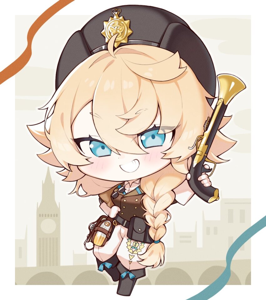 1girl antique_firearm belt_pouch black_boots blonde_hair blue_eyes boots border braid bridge brown_hat brown_jacket brown_sky building chibi firearm firelock flintlock grin gun hand_on_own_hip hat highres holding holding_gun holding_weapon jacket lilya_(reverse:1999) long_braid looking_at_viewer mr_(1937mrtary) official_alternate_costume outside_border pants pouch reverse:1999 shirt single_braid smile solo tower weapon white_border white_pants white_shirt
