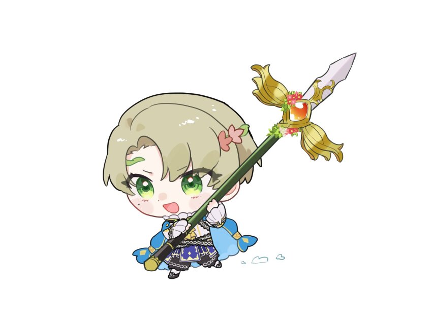 1boy alfred_(fire_emblem) ascot blonde_hair blue_cape cape circlet fire_emblem fire_emblem_engage green_eyes highres holding holding_polearm holding_weapon nintendo polearm prince rororotsu weapon yellow_ascot