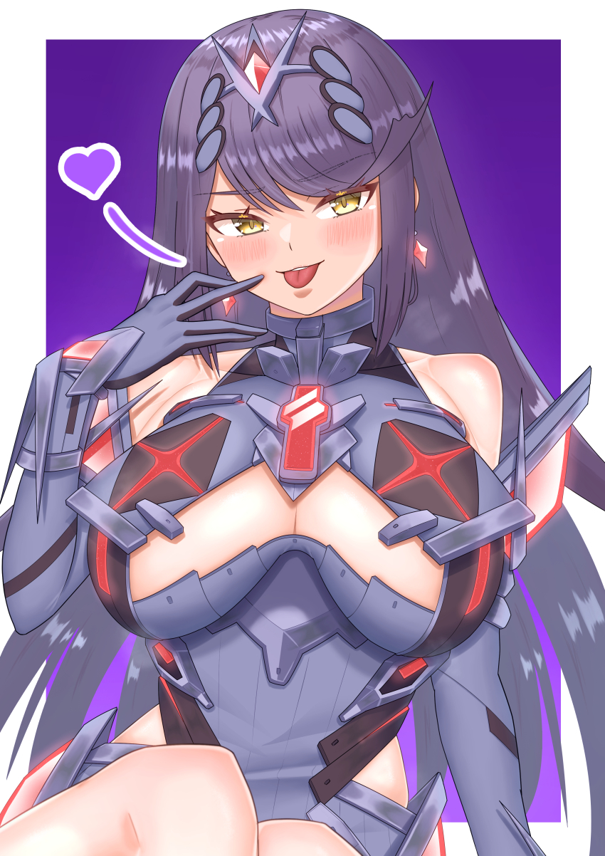 1girl absurdres blush border breasts chest_jewel cleavage core_crystal_(xenoblade) corruption cowboy_shot dark_persona dress earrings grey_dress grey_hair heart highres jewelry large_breasts long_hair meipasuye mythra_(xenoblade) nintendo official_alternate_color purple_background simple_background sitting solo super_smash_bros. tiara tongue tongue_out very_long_hair white_border xenoblade_chronicles_(series) xenoblade_chronicles_2 yellow_eyes