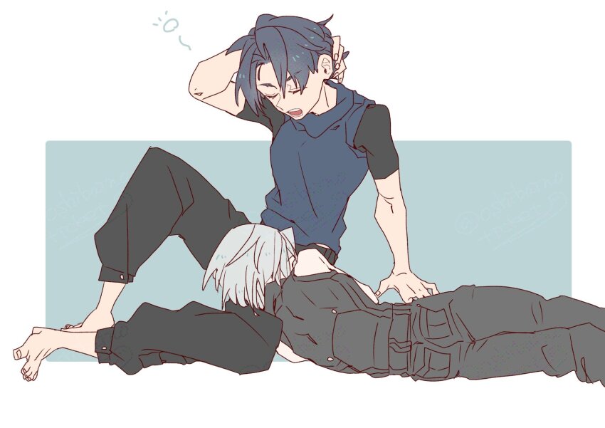 2boys aged_down angeal_hewley arm_behind_head arm_up barefoot black_hair black_pants closed_eyes commentary_request feet_out_of_frame final_fantasy final_fantasy_vii final_fantasy_vii_ever_crisis from_behind grey_hair hand_in_own_hair highres lap_pillow lying male_focus multiple_boys on_side open_mouth oshibainoticket pants parted_bangs sephiroth sephiroth_(ever_crisis) shirt short_hair short_sleeves sleeveless sleeveless_shirt waking_up