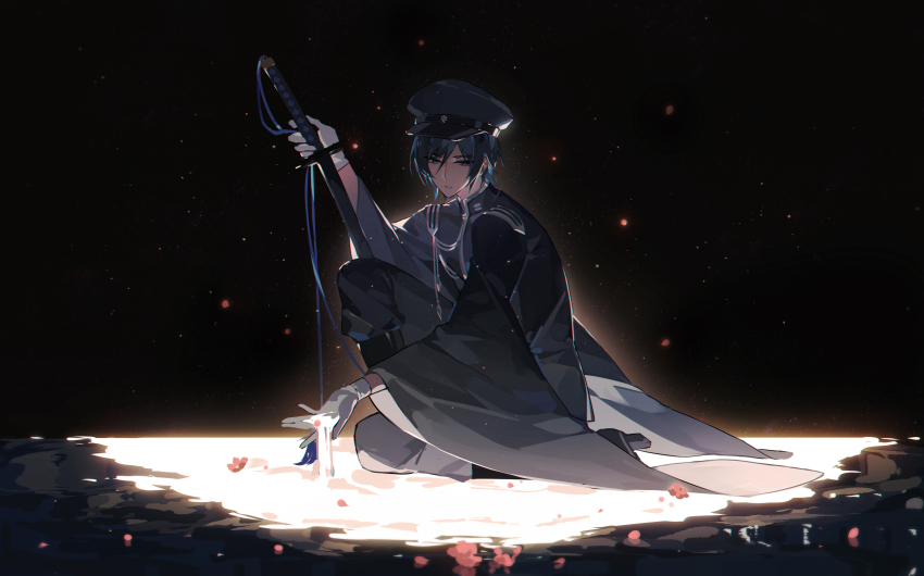 1boy absurdres blue_eyes blue_hair falling_petals full_body furisode_sleeves gloves glowing glowing_petals hair_between_eyes hat highres holding holding_sword holding_weapon japanese_clothes kaito_(vocaloid) katana kazenemuri kneeling kneeling_on_liquid looking_at_viewer male_focus military_uniform on_one_knee peaked_cap petals petals_on_liquid kaito_(rei_no_sakura_sousetsu)_(vocaloid) senbonzakura_(vocaloid) short_hair solo sword vocaloid weapon white_gloves wide_sleeves