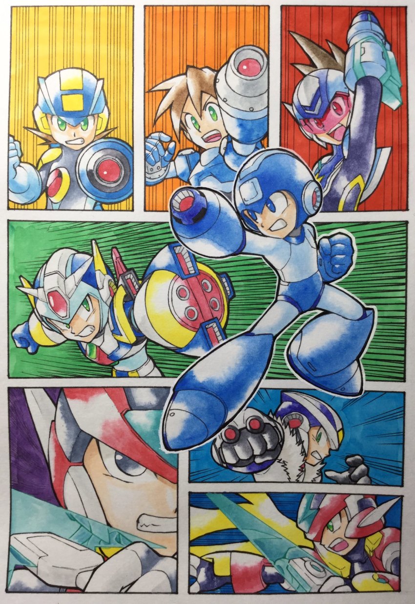 13ban 6+boys android angry arm_cannon armor black_eyes black_gloves blonde_hair blue_gloves blue_helmet bodysuit brown_hair capcom commentary_request emphasis_lines energy_sword fourth_armor_x_(mega_man) geo_stelar_(mega_man) gloves green_eyes helmet highres holding holding_weapon long_hair looking_to_the_side male_focus mega_man_(character) mega_man_(classic) mega_man_(series) mega_man_11 mega_man_battle_network mega_man_battle_network_(series) mega_man_legends_(series) mega_man_star_force_(series) mega_man_volnutt mega_man_x_(series) mega_man_zero_(series) mega_man_zx megaman.exe model_zx_(mega_man) motion_lines multiple_boys open_mouth over-1_(mega_man) panels pn13ban power_armor red-tinted_eyewear red_helmet rockman_xover serious speed_lines spiked_hair sword teeth tinted_eyewear traditional_media watercolor_pencil_(medium) weapon x_(mega_man) zero(z)_(mega_man) zero_(mega_man)