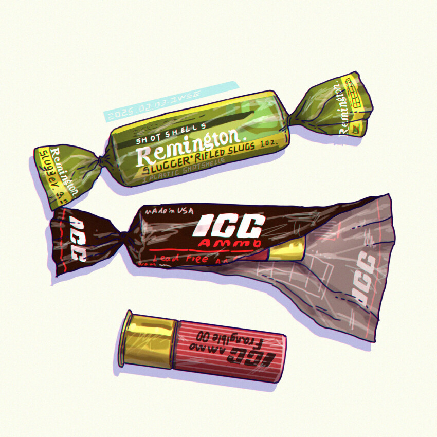 ammunition candy candy_wrapper chromatic_aberration english_text food highres icc_ammo iwse_zhang no_humans original remington_arms shotgun_shell simple_background still_life white_background