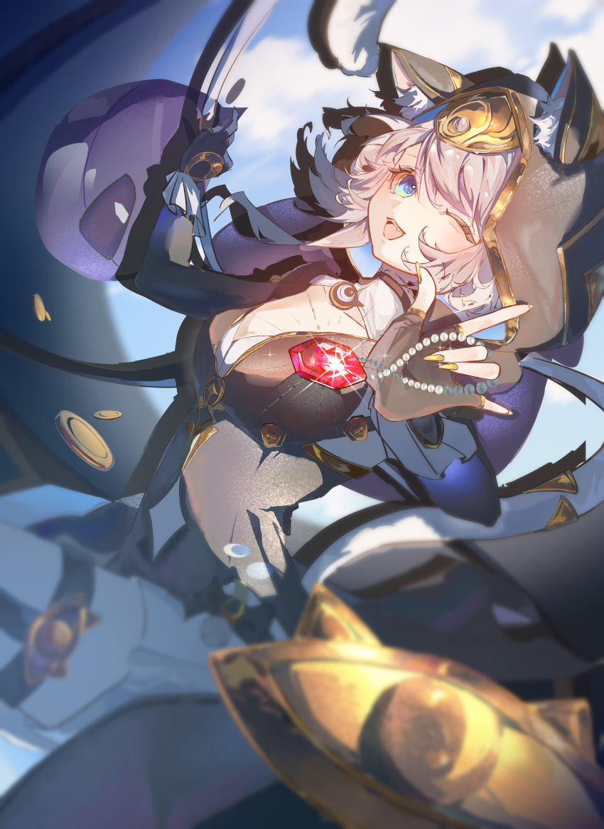 1girl ;o absurdres animal_ears animal_hood black_gloves black_leotard blue_eyes breasts cat_ears cat_girl cat_hood cat_tail cipher_(honkai:_star_rail) cleavage commentary_request gem gloves grey_hair highres holding holding_jewelry holding_necklace honkai:_star_rail honkai_(series) hood hooded_leotard jewelry large_breasts leotard necklace no_ying_sakura one_eye_closed open_mouth pearl_necklace short_hair_with_long_locks spirithief_bartholos_(honkai:_star_rail) tail yellow_nails