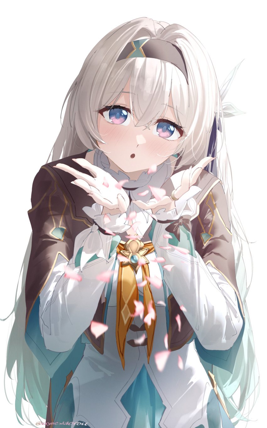 1girl :o absurdres black_bow black_hairband black_jacket blowing blue_eyes blush bow breasts cryne firefly_(honkai:_star_rail) gradient_hair green_hair grey_hair hair_between_eyes hair_bow hairband hands_up highres honkai:_star_rail honkai_(series) jacket long_sleeves looking_at_viewer medium_breasts multicolored_hair petals purple_eyes shirt simple_background solo twitter_username upper_body white_background white_shirt