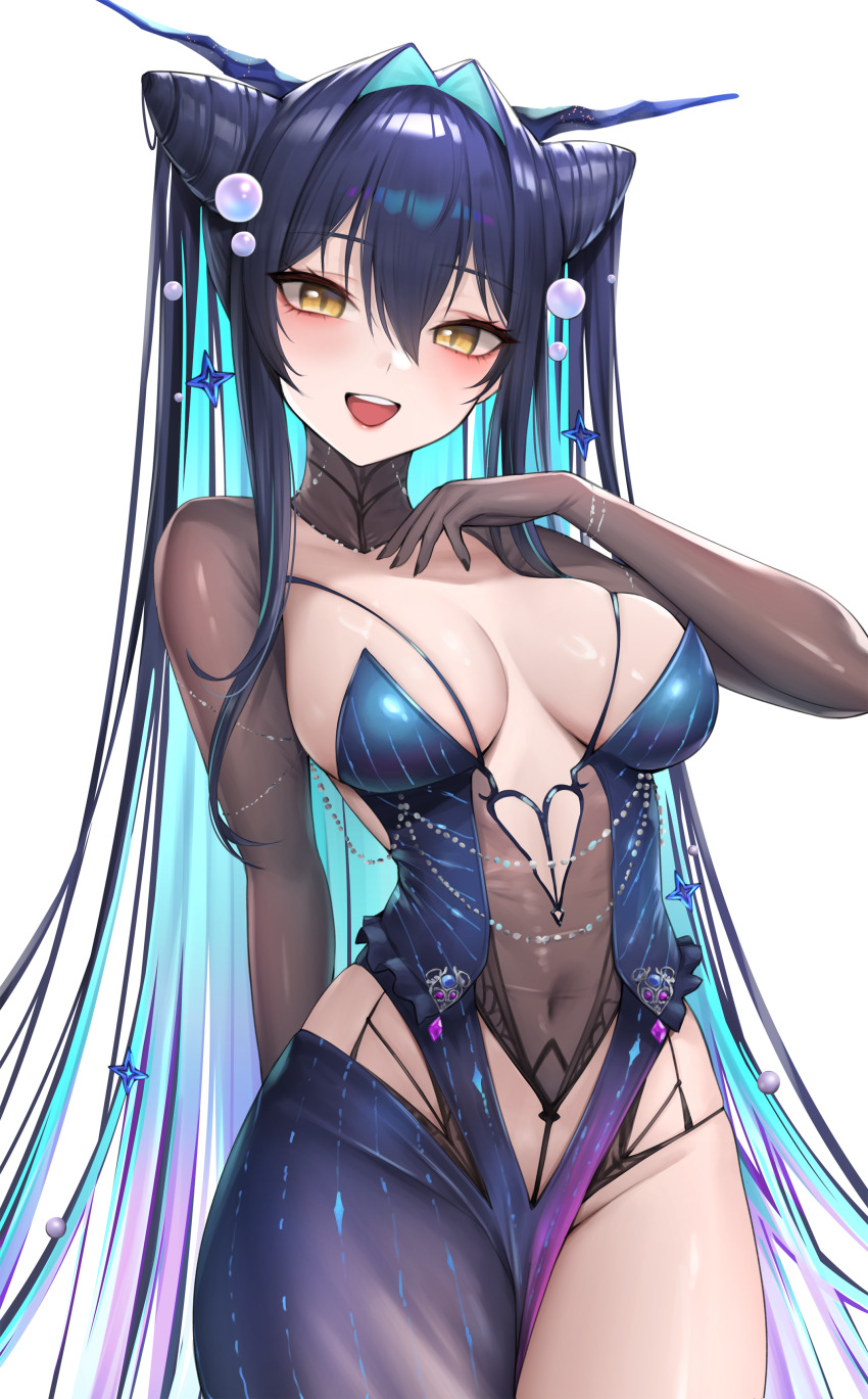 1girl :d absurdres aqua_hair arm_behind_back black_hair breasts bubble_hair_ornament colored_inner_hair cone_hair_bun covered_navel cowboy_shot double_bun dress goddess_of_victory:_nikke hair_bun hair_intakes hair_ornament hand_up highres kurone_rinka little_mermaid_(abyss_flower)_(nikke) little_mermaid_(nikke) looking_at_viewer medium_breasts multicolored_hair open_mouth revealing_clothes simple_background slit_pupils smile solo two-tone_hair white_background yellow_eyes