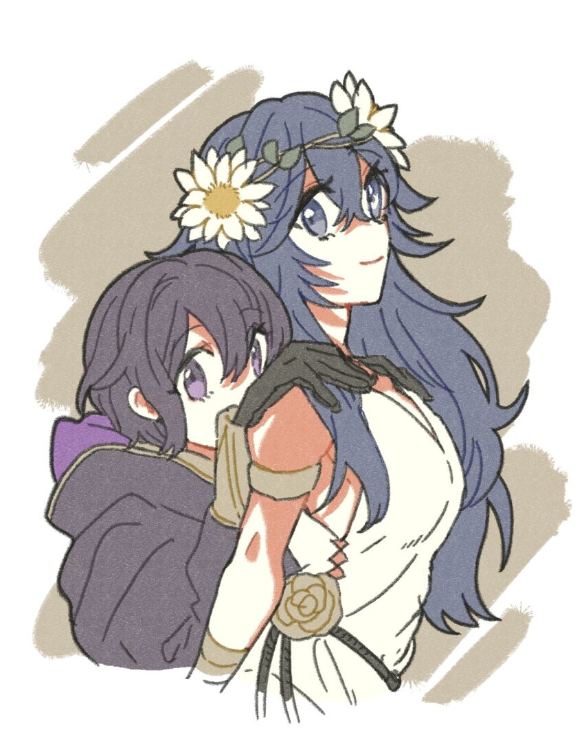 2girls bare_arms batoson54 black_hair blue_eyes blue_hair fire_emblem fire_emblem_awakening fire_emblem_heroes gloves hands_on_another&#039;s_shoulders head_wreath highres hood long_hair lucina_(fire_emblem) lucina_(valentine)_(fire_emblem) female_morgan_(fire_emblem) multiple_girls nintendo official_alternate_costume peeking_out purple_eyes short_hair shoulder_peek