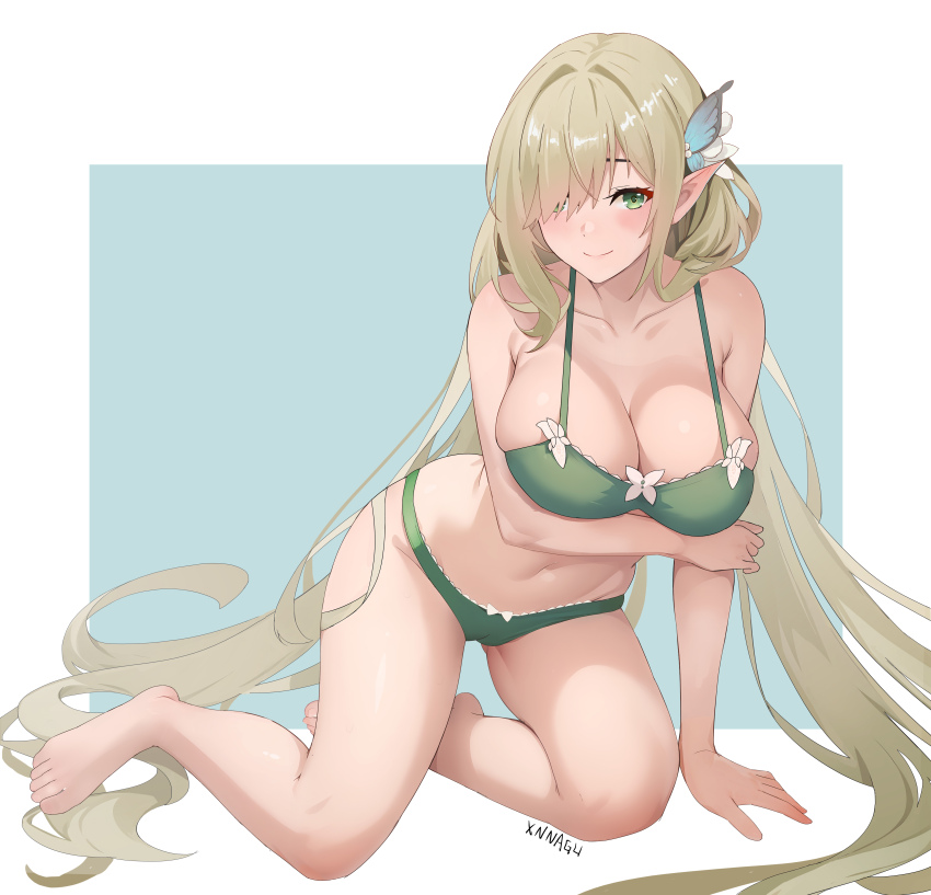 1girl absurdres armpit_crease artist_name azur_lane bare_shoulders barefoot blonde_hair bra breasts cleavage closed_mouth collarbone de_zeven_provincien_(azur_lane) de_zeven_provincien_(snuggling_for_warmth)_(azur_lane) full_body green_bra green_eyes green_panties hair_intakes hair_over_one_eye highres large_breasts large_variant_set long_hair navel official_alternate_costume panties pointy_ears simple_background smile solo stomach toes underwear variant_set very_long_hair xnnagu