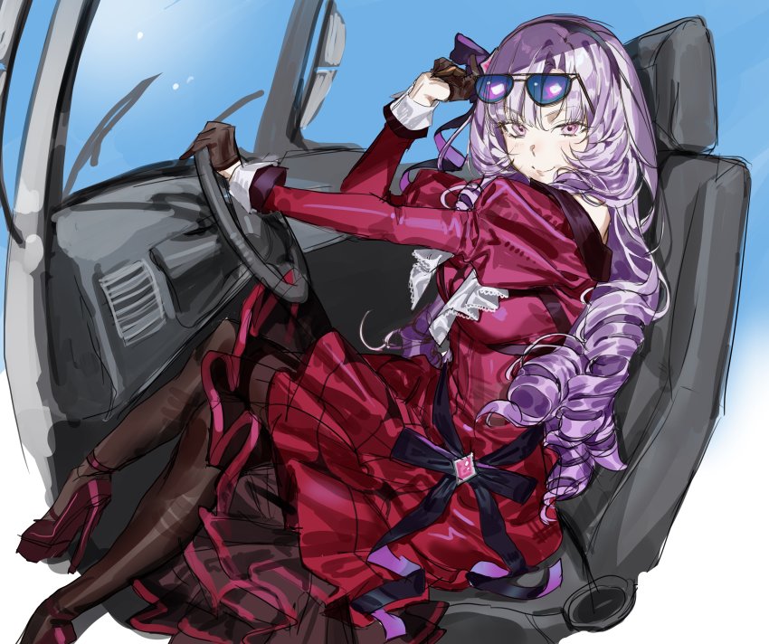 1girl absurdres breasts brown_gloves brown_pantyhose chamuring dress drill_hair driving eyewear_on_head frilled_dress frills gloves high_heels highres hyakumantenbara_salome hyakumantenbara_salome_(1st_costume) light_purple_hair long_hair long_sleeves looking_at_viewer medium_breasts nijisanji pantyhose pink_eyes puffy_long_sleeves puffy_sleeves red_dress red_footwear seat simple_background sitting sketch smile solo steering_wheel sunglasses vehicle_focus very_long_hair virtual_youtuber