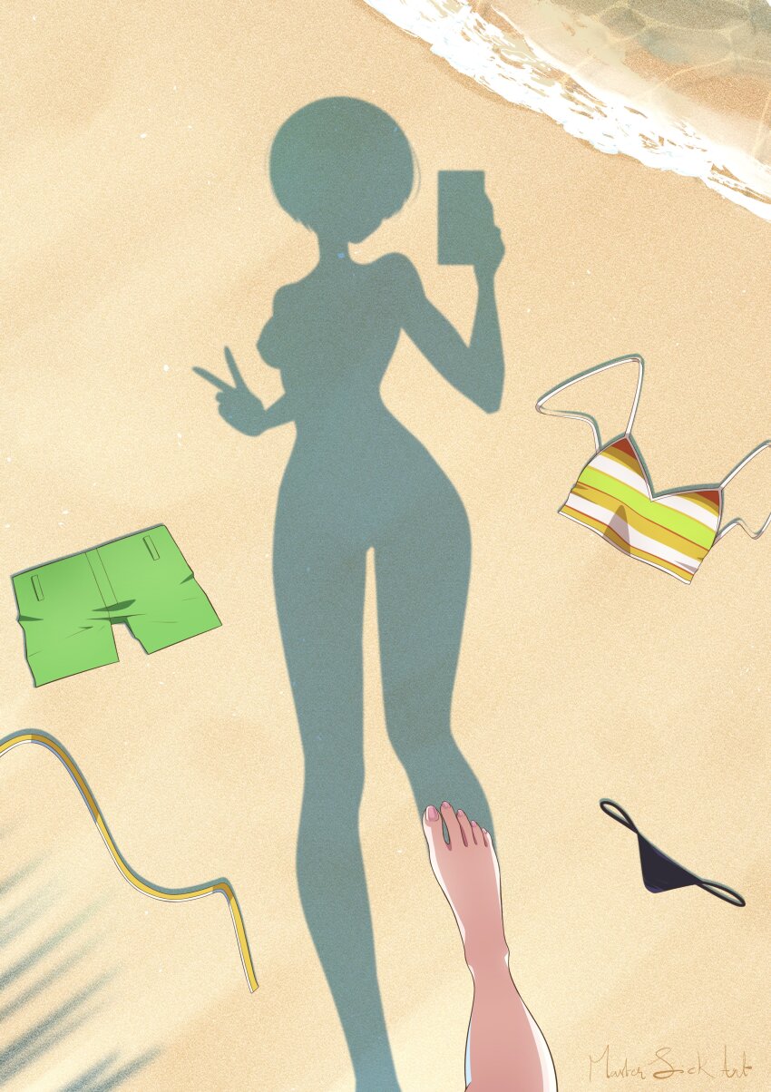 1girl absurdres barefoot beach bikini black_bikini breasts day dressed_shadow_(meme) feet female_pov green_shorts highres holding holding_phone implied_nudity master_sick_art meme no_bra nude ocean outdoors persona persona_4 phone pov pov_shadow sand satonaka_chie shaded_face shadow short_hair shorts sign silhouette small_breasts solo standing swimsuit unworn_bikini unworn_bikini_bottom unworn_bikini_top unworn_clothes v water