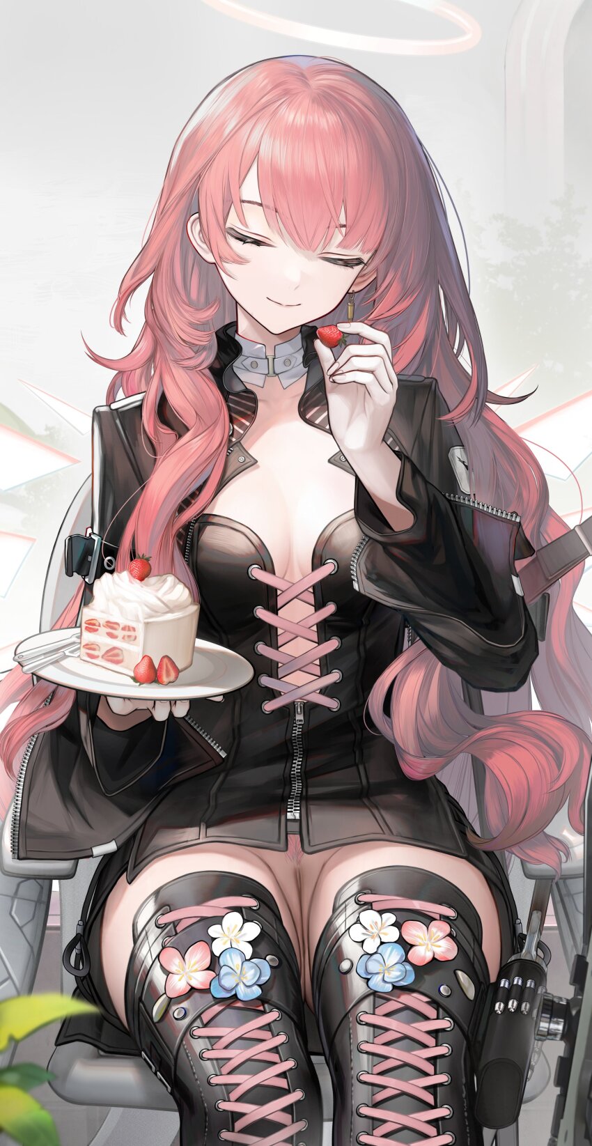1girl absurdres arknights black_jacket black_shirt boots bottomless breasts cake cleavage closed_eyes closed_mouth cross-laced_clothes detached_wings energy_wings food fruit halo highres holding holding_food holding_fruit holding_plate jacket lace-up_boots lemuen_(arknights) long_hair long_sleeves medium_breasts no_panties no_pants nopetroto open_clothes open_jacket pink_hair plate pussy shirt sitting smile solo strawberry strawberry_shortcake thigh_boots thighs wheelchair wings