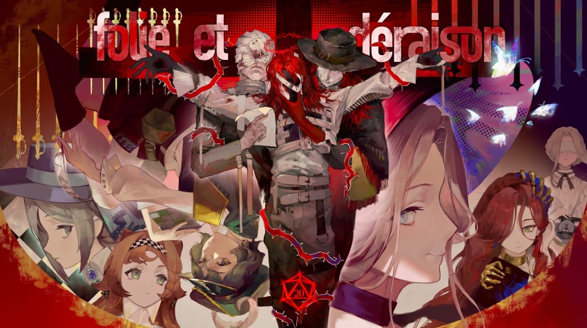 3boys 6+girls absurdres aleph_(reverse:1999) bandaged_hand bandages behind_another black_boots black_cape black_gloves black_hat black_mask black_shorts blue_eyes boater_hat boots brown_hair bug cape checkered_hairband choker closed_mouth covered_eyes cross_tie crown_of_thorns dice dores_(reverse:1999) feet_out_of_frame french_text gloves green_choker green_eyes green_hat grey_eyes grey_hair hair_ornament hair_over_one_eye hairband hand_on_another&#039;s_cheek hand_on_another&#039;s_face hat hat_feather highres holding holding_paper insect jacket long_hair looking_to_the_side merlin_(reverse:1999) moth ms._grace_(reverse:1999) multiple_boys multiple_girls newsboy_cap one_eye_covered orange_hair outstretched_arms pants pantyhose paper polyhedral_dice recoleta_(reverse:1999) red_background red_gloves red_hair reverse:1999 shenqi_a_hao shirt short_hair shorts sitting sonetto_(reverse:1999) sophia_(manus_vindictae)_(reverse:1999) sophia_(reverse:1999) spread_arms sword the_idealist_(reverse:1999) thorns two_side_up typewriter upper_body urd_(reverse:1999) vertin_(reverse:1999) weapon white_jacket white_pants white_pantyhose white_shirt