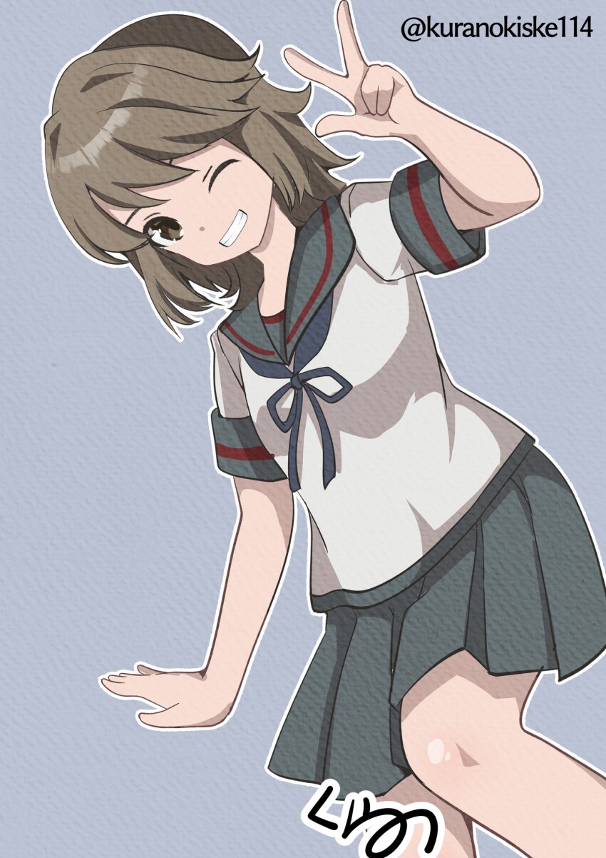 1girl black_hair black_sailor_collar black_skirt blue_neckerchief brown_eyes feet_out_of_frame grey_background highres kantai_collection kurano_kisuke miyuki_(kancolle) miyuki_kai_ni_(kancolle) neckerchief one-hour_drawing_challenge pleated_skirt sailor_collar sailor_shirt shirt short_hair short_sleeves simple_background skirt solo twitter_username v white_shirt