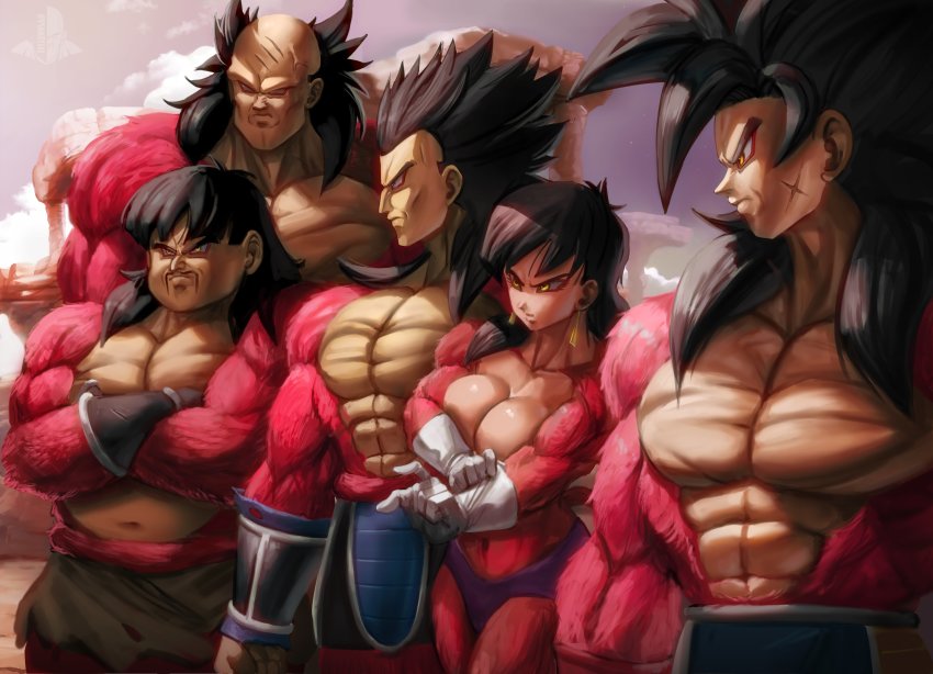 1girl 3boys abs absurdres bardock body_fur dragon_ball dragon_ball_super dragonball_z elite_nappa highres large_pectorals monkey_boy monkey_tail multiple_boys muscular muscular_male panbukin_(dragon_ball) pectorals red_fur saiyan saiyan_armor seripa super_saiyan super_saiyan_4 tail toma_(dragon_ball) topless_female topless_male toteppo