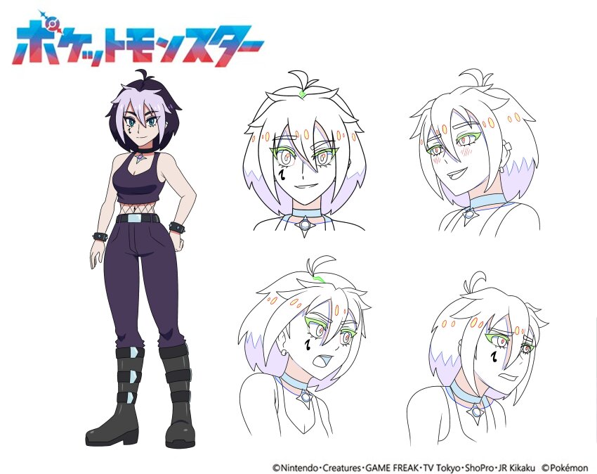 1girl absurdres black_choker black_footwear blue_eyes boots bracelet breasts choker cleavage commentary copyright_name english_commentary facial_tattoo fishnet_top fishnets game_freak hand_on_own_hip highres jewelry knee_boots large_breasts ludinsketches multicolored_hair navel nintendo original pants parody pokemon purple_hair purple_pants purple_tank_top reference_sheet short_hair style_parody tank_top tattoo two-tone_hair