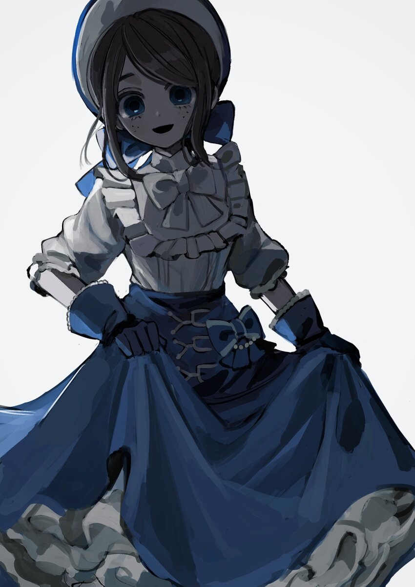 1girl :d backlighting blue_bow blue_eyes blue_gloves blue_headwear blue_skirt bonnet bow bowtie brown_hair emma_woods emma_woods_(boudoir_dream) feet_out_of_frame freckles gloves highres hoge_(n8sss) identity_v long_skirt looking_at_viewer official_alternate_costume open_mouth shirt short_hair_with_long_locks simple_background skirt skirt_hold smile solo swept_bangs white_background white_bow white_bowtie white_shirt