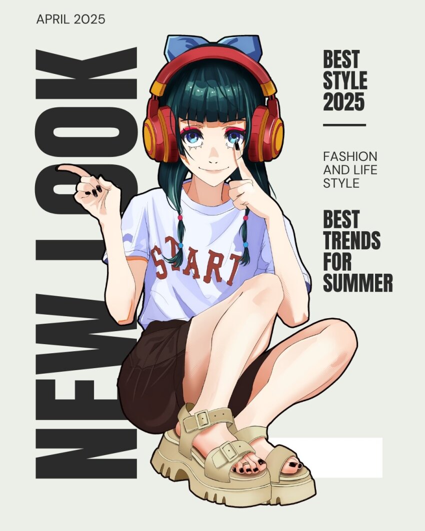 1girl alternate_costume bare_legs black_nails blue_bow blue_eyes blunt_bangs bow brown_sandals brown_shorts closed_mouth commentary cover davoxime english_commentary eyelashes eyeliner fake_cover fake_magazine_cover feet full_body green_hair grey_background hair_bow hair_ornament hands_up headphones highres jewelry kusuriya_no_hitorigoto long_hair looking_at_viewer magazine_cover makeup maomao_(kusuriya_no_hitorigoto) nail_polish sandals shirt short_shorts short_sleeves shorts simple_background smile solo squatting t-shirt toe_ring toenail_polish toenails toes white_shirt