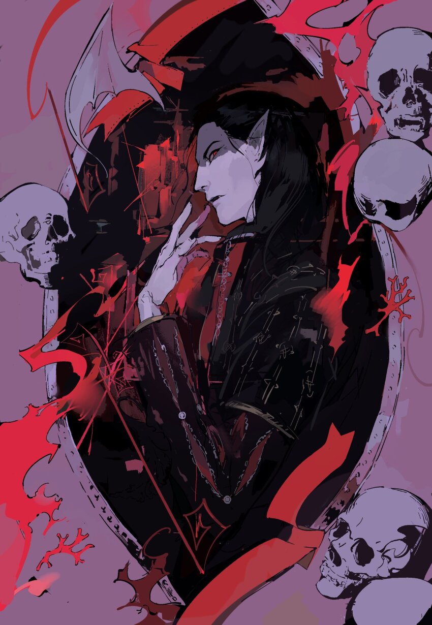 1boy baldur&#039;s_gate baldur&#039;s_gate_3 bat_wings black_hair black_jacket border cazador_szarr dungeons_&amp;_dragons elf from_side glowing glowing_eye hand_up highres jacket looking_at_viewer male_focus medium_hair pale_skin pink_border pointy_ears profile red_eyes skull solo upper_body vihua6 wings