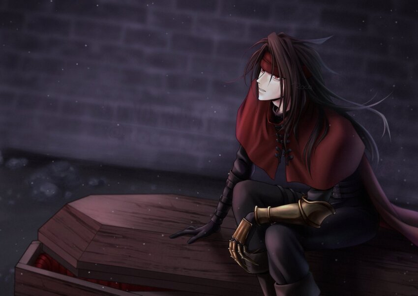 1boy arm_support black_gloves black_hair black_jacket black_pants brick_wall cape clawed_gauntlets cloak coffin commentary_request feet_out_of_frame final_fantasy final_fantasy_vii gauntlets gloves headband indoors jacket long_hair male_focus pants parted_lips red_cape red_cloak red_headband roco_pic single_gauntlet single_glove solo spiked_hair squatting vincent_valentine