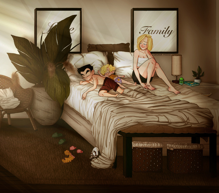 1boy 2girls android_18 bed bed_sheet bedroom black_hair blonde_hair blue_eyes couple dragon_ball dragon_ball_super family father_and_daughter happy highres husband_and_wife kuririn marron_(dragon_ball) mother_and_daughter multiple_girls pillow sleeping smile
