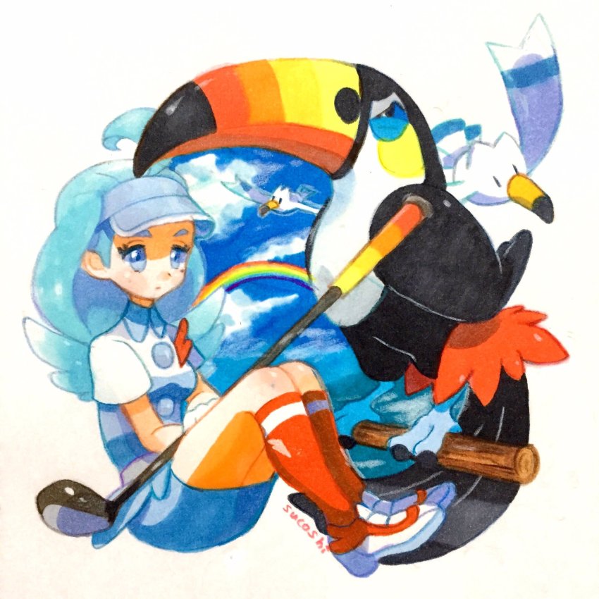 1girl bad_id bad_twitter_id blue_eyes blue_hair gen_3_pokemon gen_7_pokemon golf_club highres kahili_(pokemon) kneehighs matching_hair/eyes miniskirt mole mole_under_eye nintendo pastels pokemon pokemon_(creature) rainbow sitting skirt sky socks sucoshi toucannon wingull