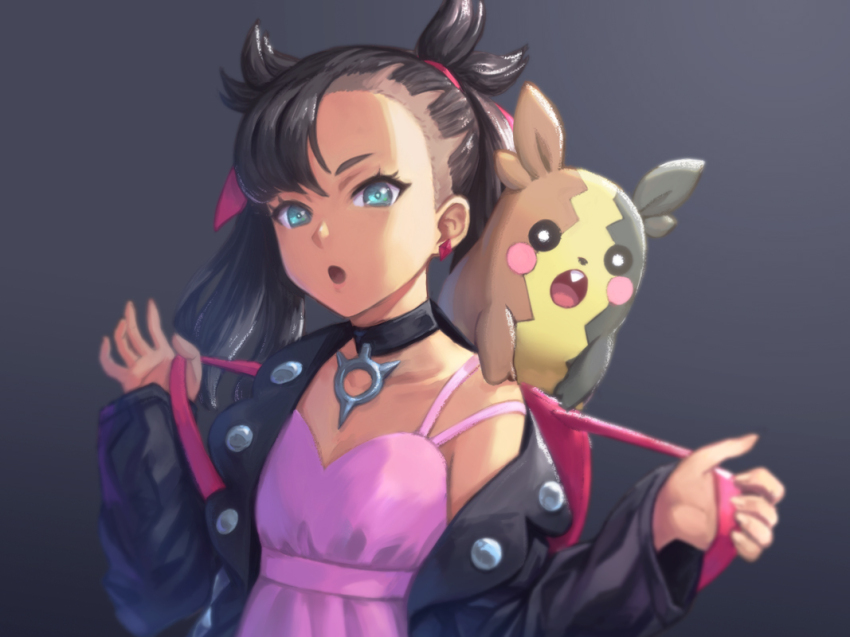 1girl black_hair black_jacket blue_eyes choker commentary_request dress flat_chest gen_8_pokemon jacket long_hair looking_at_viewer marnie_(pokemon) morpeko morpeko_(full) nintendo open_clothes open_jacket open_mouth pink_dress pokemon pokemon_swsh shigumo_(shigeru) solo twintails upper_body