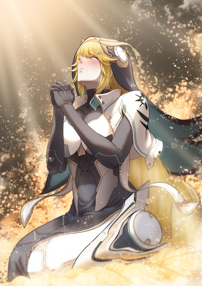 1girl absurdres armored_bodysuit black_robe blonde_hair blush braid closed_eyes drooling goddess_of_victory:_nikke highres interlocked_fingers kuremon long_hair nun own_hands_clasped own_hands_together palms_together praying rapunzel_(nikke) robe saliva solo veil very_long_hair