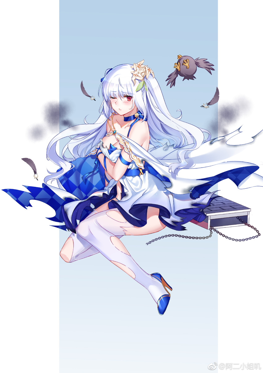 1girl absurdres aer_(tengqiu) bare_shoulders bird blue_choker blue_dress blue_footwear blue_ribbon blush book breasts chain choker cleavage closed_mouth collarbone damaged dress essex_(warship_girls_r) feathers flower full_body hair_flower hair_ornament high_heels highres jewelry long_hair looking_at_viewer medium_breasts one_eye_closed red_eyes ribbon sitting solo thighhighs torn_clothes torn_dress torn_thighhighs two_side_up warship_girls_r watermark weibo_username weibo_watermark white_dress white_hair white_thighhighs