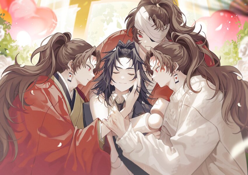 4boys balloon bandage_over_one_eye black_hair black_jacket brown_hair closed_eyes closed_mouth commentary_request earrings hanafuda hanafuda_earrings haori heart_balloon high_ponytail highres jacket japanese_clothes jewelry kimetsu_no_yaiba kimono long_hair male_focus multiple_boys multiple_persona ponytail profile red_eyes red_haori sal_gun smile spiked_hair sweater tsugikuni_michikatsu tsugikuni_yoriichi upper_body very_long_hair white_sweater yellow_kimono