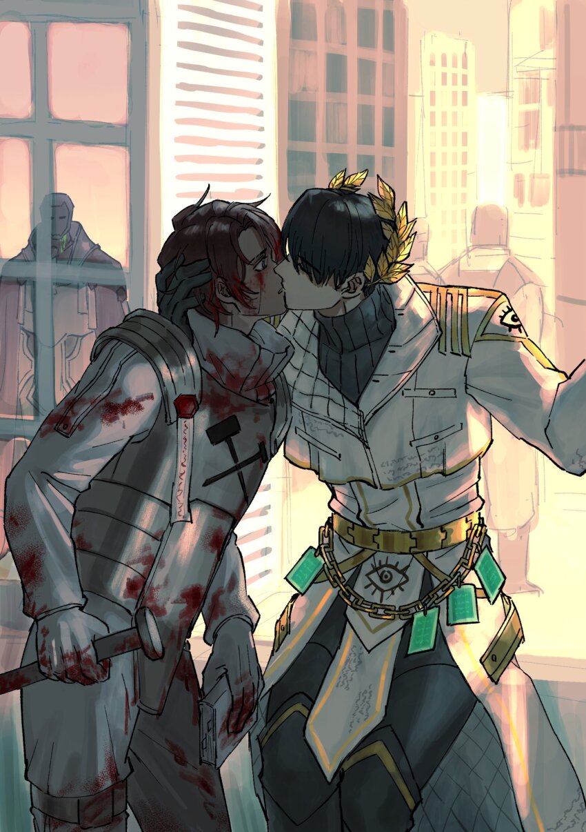 3boys armor black_sweater blood blood_on_clothes blood_on_face bloody_weapon book chain coat cowboy_shot e.g.o_(project_moon) gold_trim guido_(project_moon) heathcliff_(project_moon) highres holding holding_book killerohan kiss laurel_crown limbus_company male_focus meursault_(project_moon) multiple_boys n_corp._fanatic_(identity)_(project_moon) nail_(hardware) project_moon pursuance_(e.g.o) sweater weapon white_coat yaoi