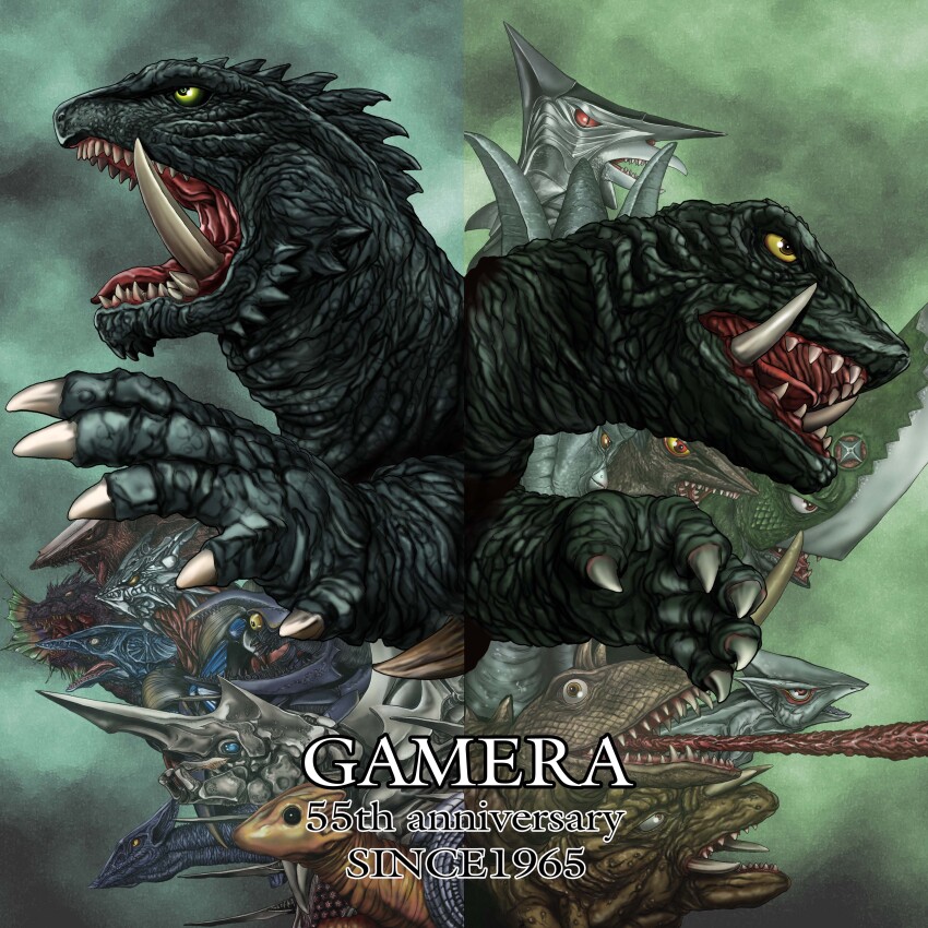 absurdres age_progression aged_down aged_up alien anniversary barugon beak black_eyes black_sclera bug chameleon character_name colored_sclera crest daiei_film daiei_motion_picture dual_persona english_text fins fish frills gamera gamera:_guardian_of_the_universe gamera_(series) gamera_2:_attack_of_legion gamera_3:_revenge_of_iris gamera_the_brave gamera_vs._barugon gamera_vs._guiron gamera_vs._gyaos gamera_vs._jiger gamera_vs._viras gamera_vs._zigra giant giant_monster glowing glowing_eyes green_background green_eyes green_sclera guiron gyaos highres horns hyper_gyaos iris_(gamera) jiger kadokawa kaiju legion_(gamera) lizard long_tongue monster mother_and_child multiple_persona no_humans no_pupils octopus open_mouth parent_and_child red_eyes red_sclera roaring satoru33 sea_monster shark sharp_teeth shuriken simple_background slit_pupils soldier_legion space_gyaos space_monster squid super_gyaos sword teeth tentacles tongue tongue_out transformation turtle turtle_shell tusks viras weapon wings yellow_eyes yellow_sclera zedus zigra