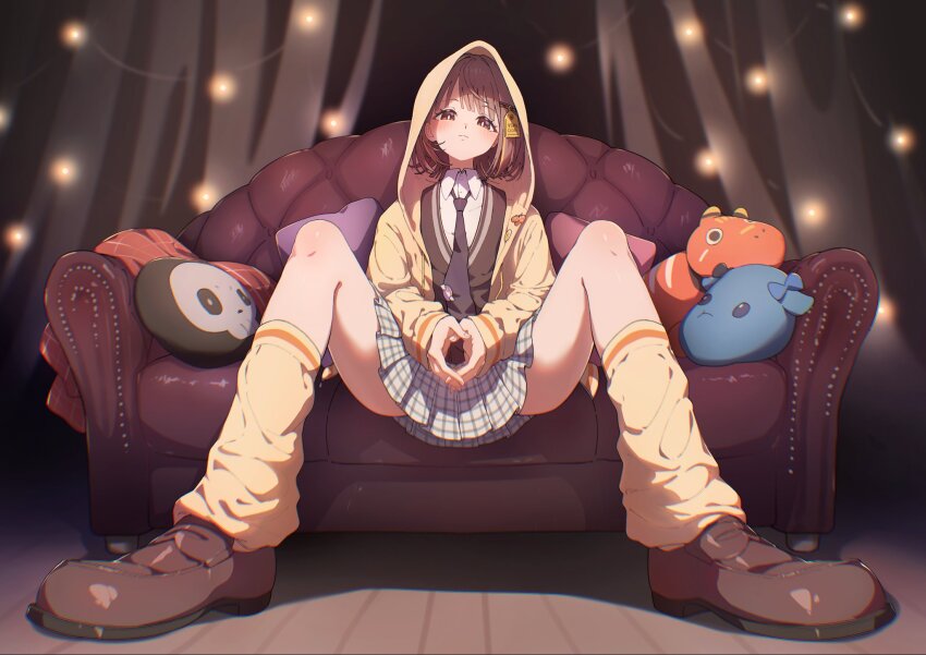 1girl akabeko brown_eyes brown_hair brown_necktie brown_shoes brown_sweater collared_shirt commentary_request couch dress_shirt foreshortening grey_skirt hair_ornament highres hood hood_up hooded_jacket indoors jacket loafers long_sleeves miniskirt necktie niboshidrip on_couch open_clothes open_jacket plaid_clothes plaid_skirt pleated_skirt sendo_yuuhi sendo_yuuhi_(1st_costume) shirt shoes short_hair sitting skirt socks solo stuffed_toy sweater virtual_youtuber vspo! white_shirt yellow_jacket yellow_socks