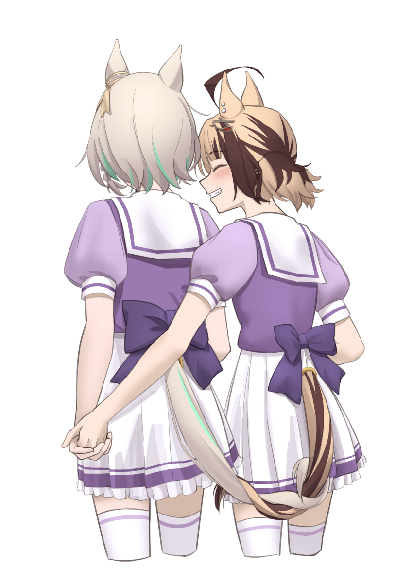 2girls ^_^ absurdres ahoge animal_ears blonde_hair bow brown_hair cecilia_immergreen closed_eyes commentary english_commentary from_behind gigi_murin green_hair grin hair_ornament highres holding_hands hololive hololive_english horse_ears horse_girl horse_tail multicolored_hair multiple_girls pleated_skirt puffy_short_sleeves puffy_sleeves purple_bow purple_shirt purple_skirt school_uniform serafuku shirt short_hair short_sleeves skirt smile streaked_hair tail thighhighs tracen_school_uniform umamusume virtual_youtuber white_background white_hair white_skirt white_thighhighs yuri zaobanmeiling zettai_ryouiki