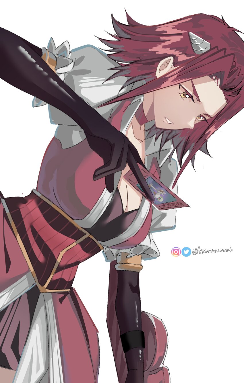 1girl absurdres black_gloves breasts card choker cleavage dress elbow_gloves gloves highres holding holding_card izayoi_aki knowname puffy_short_sleeves puffy_sleeves red_choker red_hair short_hair short_sleeves solo twitter_username white_background yellow_eyes yu-gi-oh! yu-gi-oh!_5d&#039;s