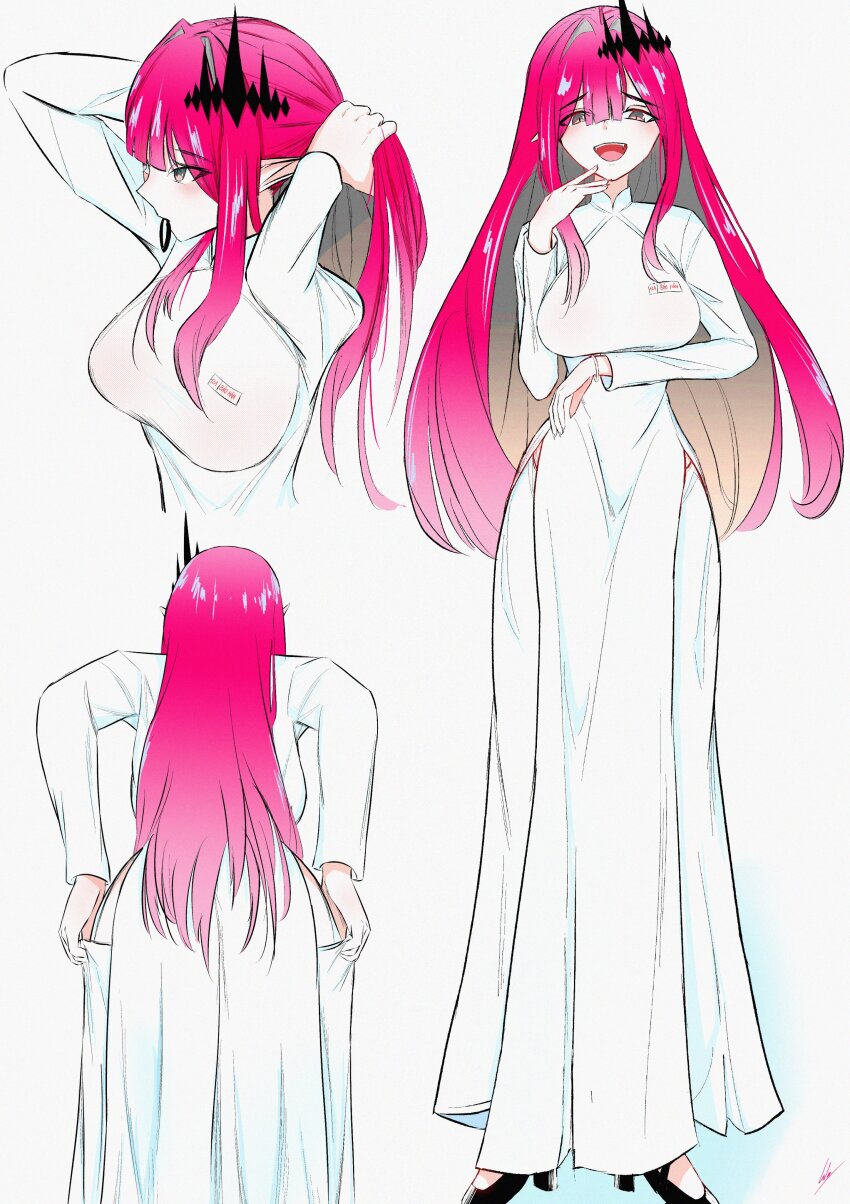 1girl absurdres ass baobhan_sith_(fate) breasts dress fate/grand_order fate_(series) from_behind full_body grey_eyes gudagudaman hair_ornament hair_tie_in_mouth hand_up highres leaning_forward looking_at_viewer mouth_hold multiple_views open_mouth pink_hair pointy_ears sidelocks smile white_background white_dress