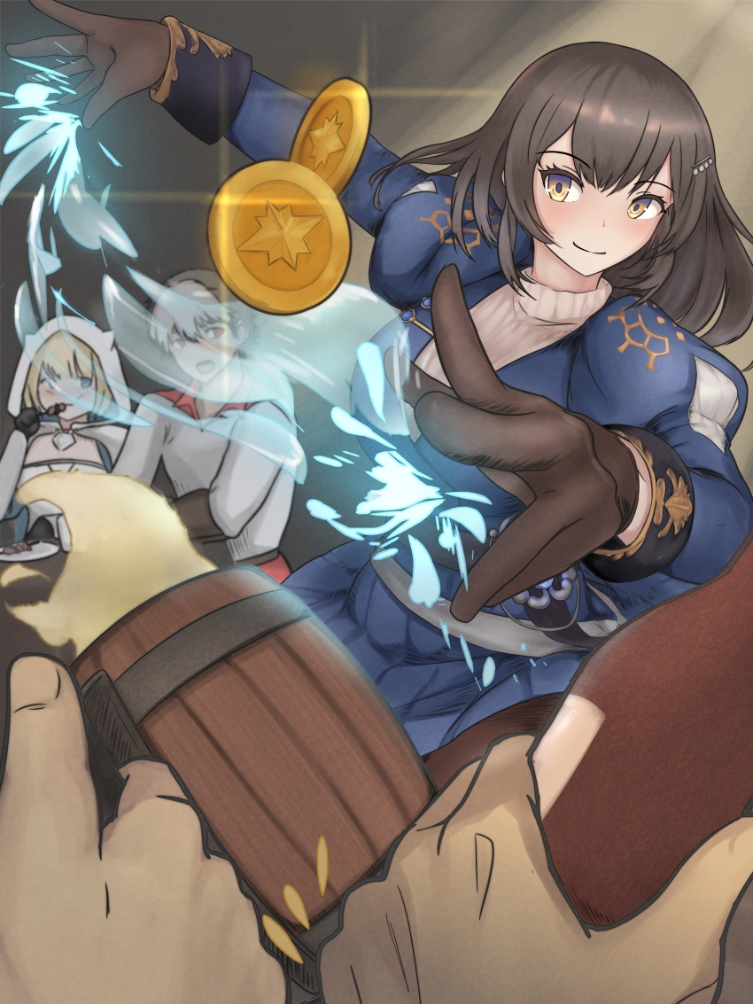 2girls 3boys absurdres alcohol beer beer_mug black_hair blonde_hair blue_dress blue_eyes breasts brown_dust_(series) brown_dust_2 brown_eyes brown_gloves brown_hair chest_armor cloak closed_mouth coin cup dress eating finalfan100 gloves gold_coin hair_between_eyes hair_ornament hairclip highres holding holding_skewer hood hooded_cloak hydrokinesis light_blush long_hair looking_at_viewer medium_breasts mug multicolored_hair multiple_boys multiple_girls open_mouth out_of_frame plate scheherazade_(brown_dust) scheherazade_(the_lapis_witch)_(brown_dust) shirt short_hair sitting skewer smile sweater tavern throwing turtleneck turtleneck_sweater two-tone_hair water white_cloak white_hair white_shirt white_sweater