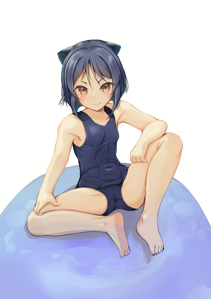 1girl absurdres animal_ears arcana_heart bag barefoot blue_hair blue_one-piece_swimsuit breasts brown_eyes cat_ears covered_navel daidouji_kira full_body highres looking_at_viewer one-piece_swimsuit school_swimsuit short_hair sitting small_breasts solo swimsuit yashin_(yasinz)