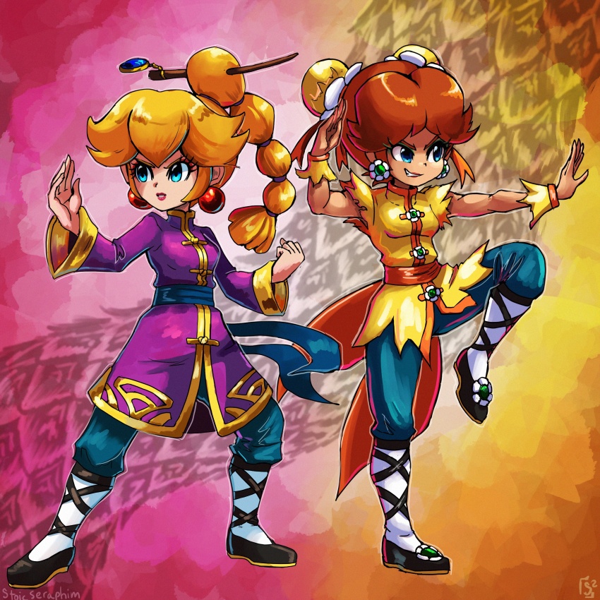 2girls absurdres black_footwear blonde_hair blue_eyes braid braided_ponytail brown_hair chinese_clothes earrings flower_earrings hair_ornament hair_stick highres jewelry kung_fu kung_fu_peach long_skirt long_sleeves mario_(series) multiple_girls nintendo official_alternate_costume official_alternate_hairstyle orange_shirt pants princess_daisy princess_peach princess_peach:_showtime! purple_shirt shirt short_sleeves skirt stoic_seraphim